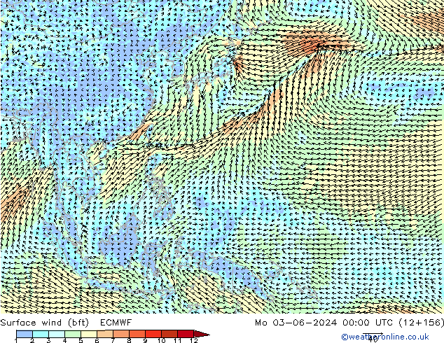 ве�Bе�@ 10 m (bft) ECMWF пн 03.06.2024 00 UTC