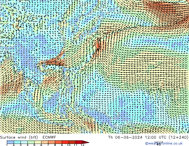 Vent 10 m (bft) ECMWF jeu 06.06.2024 12 UTC