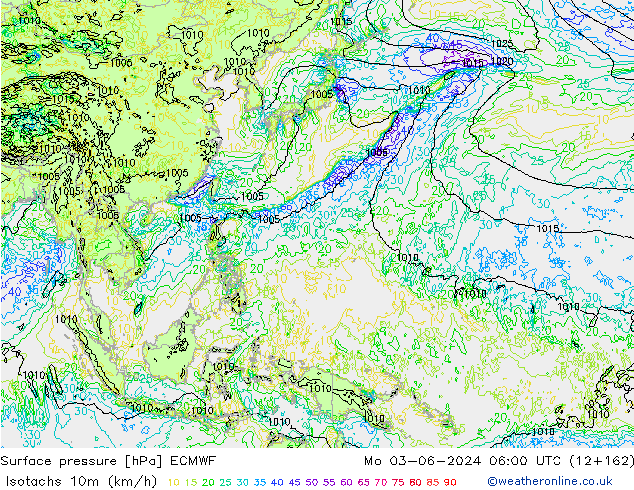 Izotacha (km/godz) ECMWF pon. 03.06.2024 06 UTC