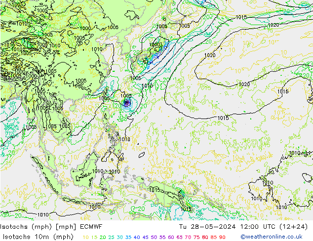 Isotachs (mph) ECMWF Tu 28.05.2024 12 UTC