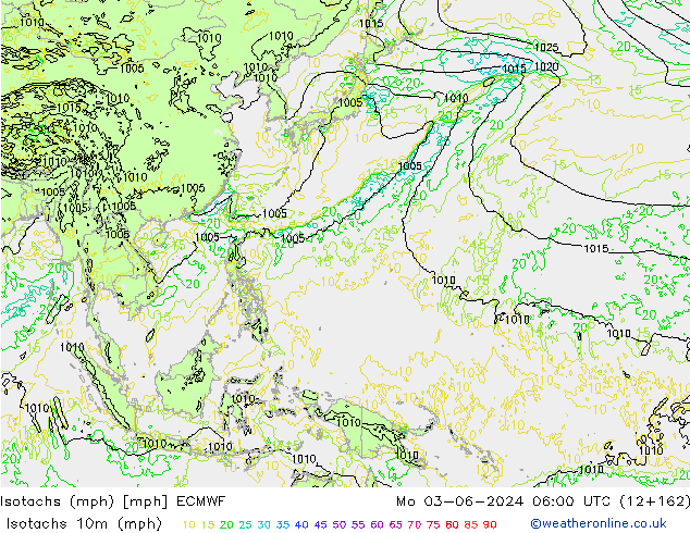 Izotacha (mph) ECMWF pon. 03.06.2024 06 UTC