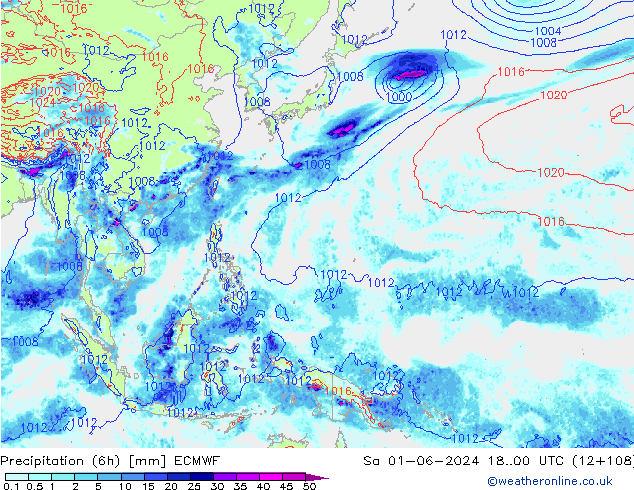 Precipitation (6h) ECMWF Sa 01.06.2024 00 UTC