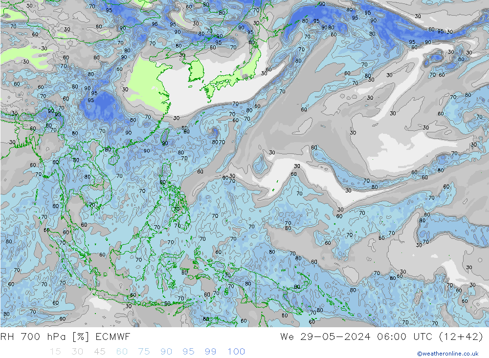 Humedad rel. 700hPa ECMWF mié 29.05.2024 06 UTC