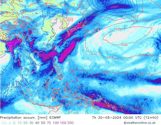 Precipitation accum. ECMWF Čt 30.05.2024 00 UTC