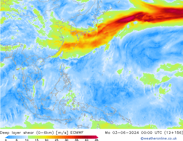 Deep layer shear (0-6km) ECMWF  03.06.2024 00 UTC