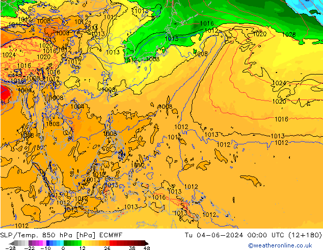 SLP/Temp. 850 hPa ECMWF wto. 04.06.2024 00 UTC