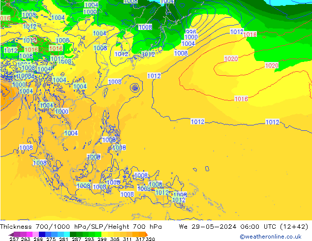 Thck 700-1000 hPa ECMWF śro. 29.05.2024 06 UTC