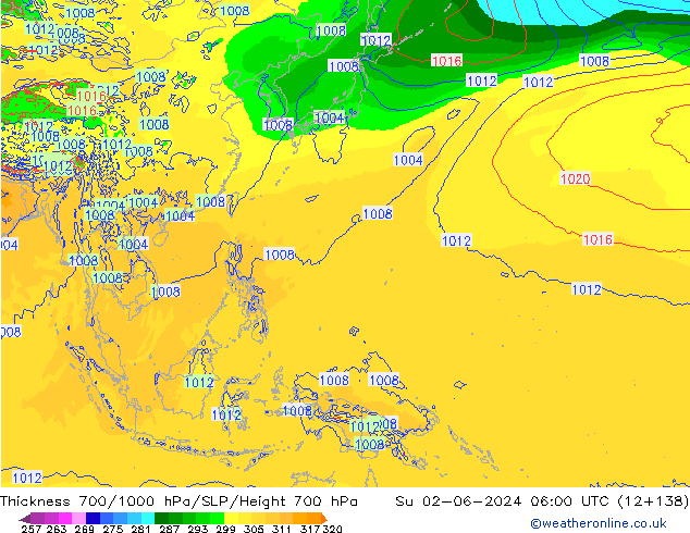 Thck 700-1000 hPa ECMWF Su 02.06.2024 06 UTC