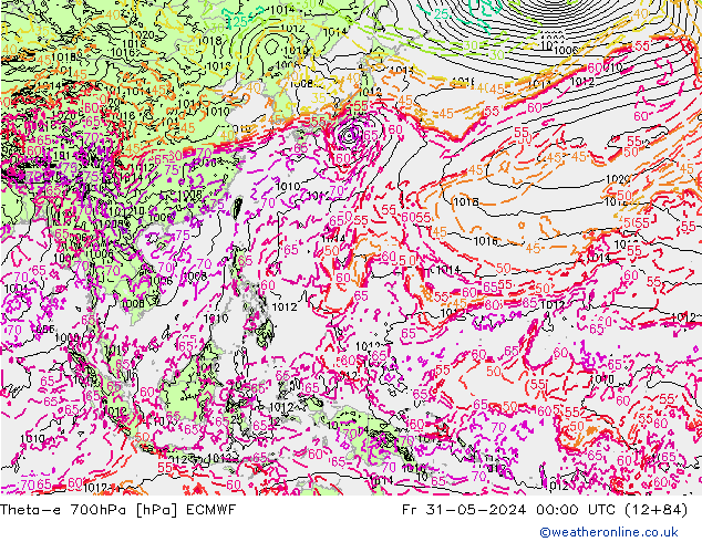 Theta-e 700hPa ECMWF Pá 31.05.2024 00 UTC