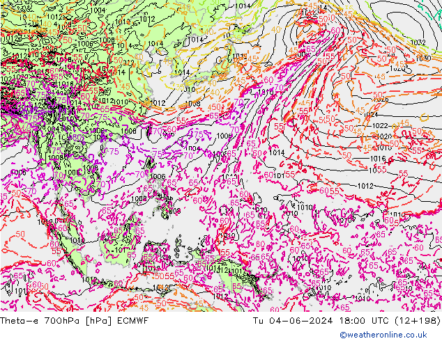 Theta-e 700hPa ECMWF Tu 04.06.2024 18 UTC