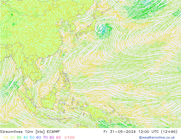 Linia prądu 10m ECMWF pt. 31.05.2024 12 UTC