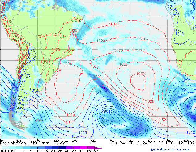 Precipitation (6h) ECMWF Tu 04.06.2024 12 UTC