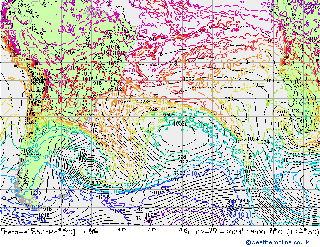 Theta-e 850hPa ECMWF Su 02.06.2024 18 UTC