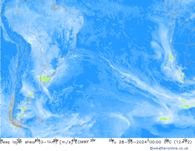 Deep layer shear (0-1km) ECMWF Sa 28.05.2024 00 UTC