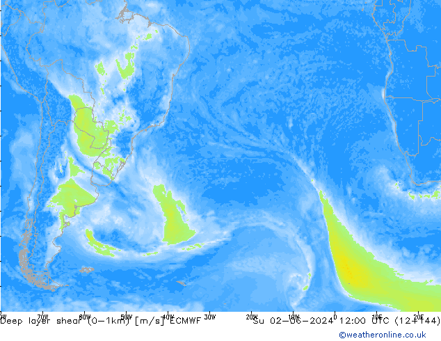 Deep layer shear (0-1km) ECMWF dim 02.06.2024 12 UTC