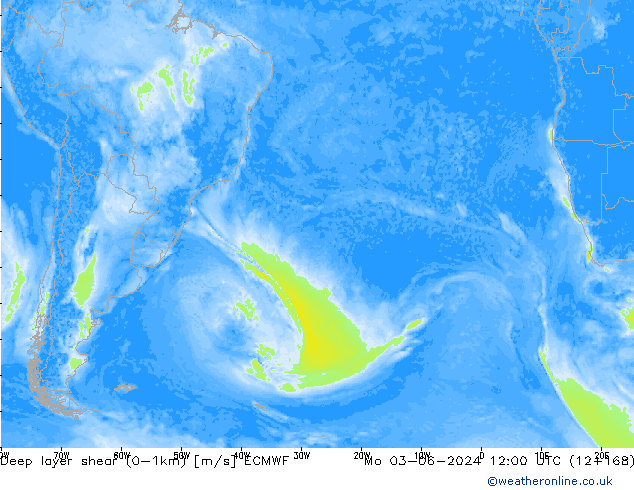 Deep layer shear (0-1km) ECMWF pon. 03.06.2024 12 UTC