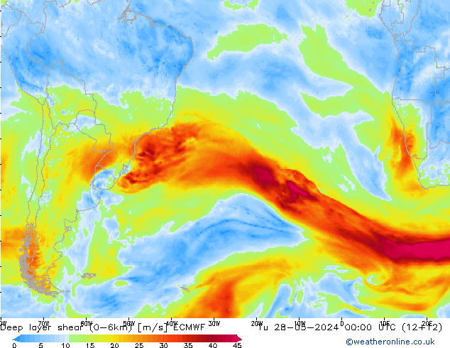 Deep layer shear (0-6km) ECMWF вт 28.05.2024 00 UTC