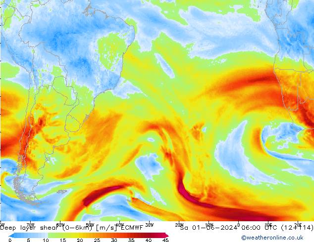 Deep layer shear (0-6km) ECMWF Sáb 01.06.2024 06 UTC