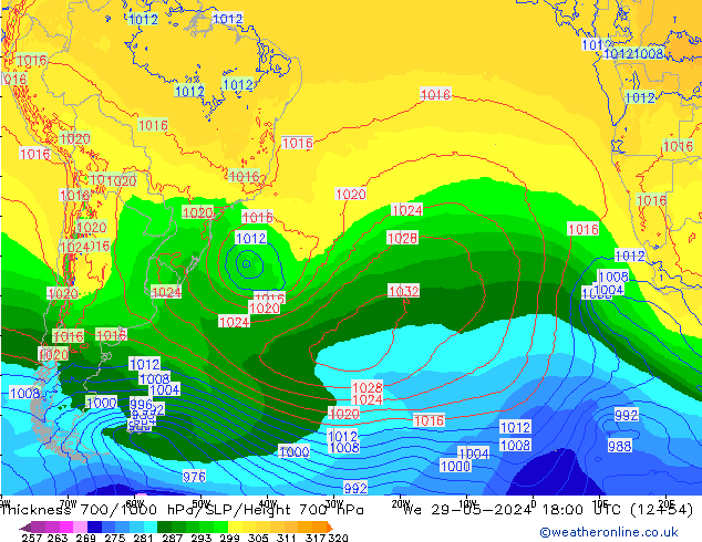 Thck 700-1000 hPa ECMWF Qua 29.05.2024 18 UTC