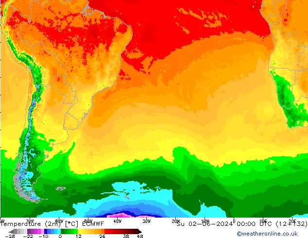 Temperature (2m) ECMWF Su 02.06.2024 00 UTC