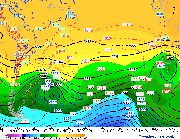 Espesor 500-1000 hPa ECMWF dom 02.06.2024 18 UTC