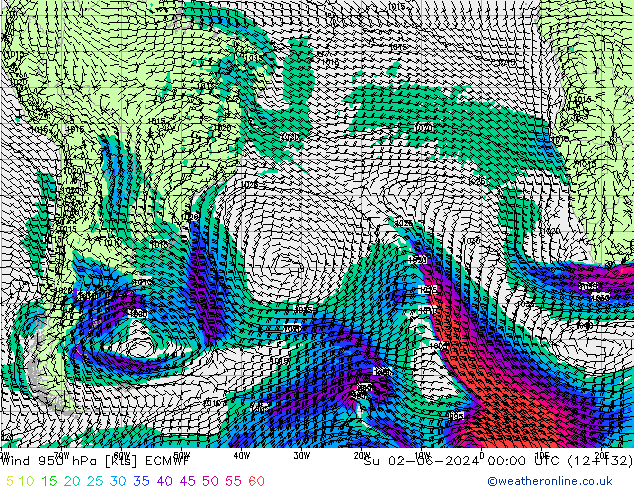 Rüzgar 950 hPa ECMWF Paz 02.06.2024 00 UTC