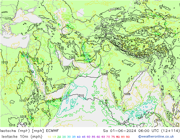 Isotachs (mph) ECMWF Sáb 01.06.2024 06 UTC