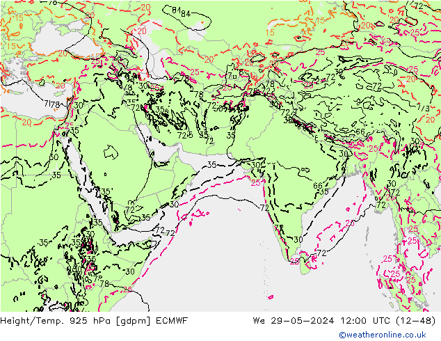 Hoogte/Temp. 925 hPa ECMWF wo 29.05.2024 12 UTC