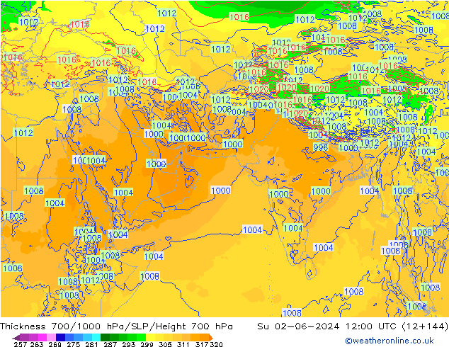 Thck 700-1000 гПа ECMWF Вс 02.06.2024 12 UTC