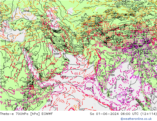 Theta-e 700hPa ECMWF za 01.06.2024 06 UTC