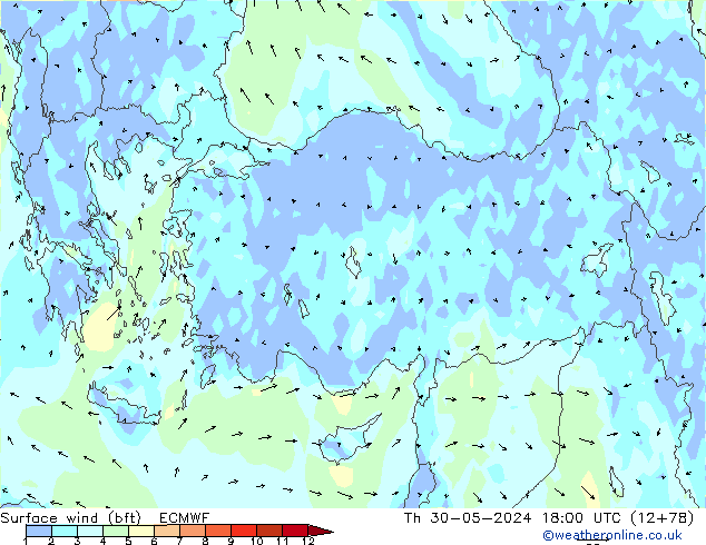 Rüzgar 10 m (bft) ECMWF Per 30.05.2024 18 UTC