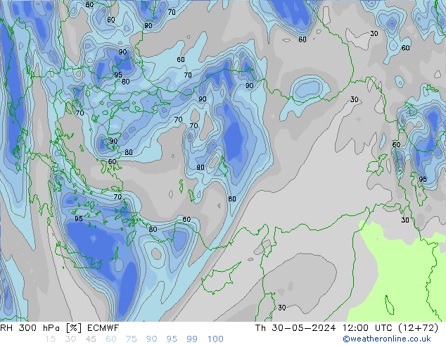 RH 300 hPa ECMWF czw. 30.05.2024 12 UTC