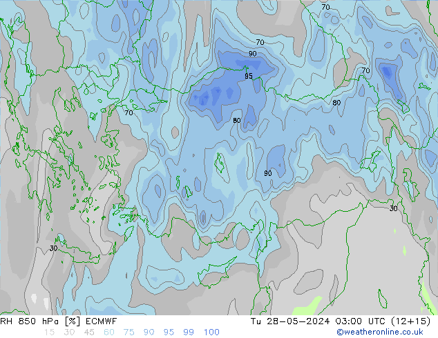 RH 850 гПа ECMWF вт 28.05.2024 03 UTC