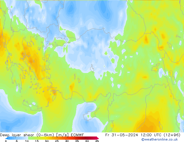 Deep layer shear (0-6km) ECMWF Fr 31.05.2024 12 UTC