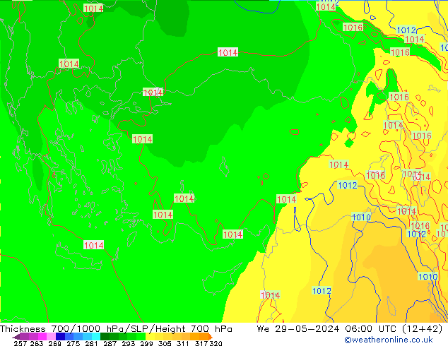 Thck 700-1000 hPa ECMWF mer 29.05.2024 06 UTC