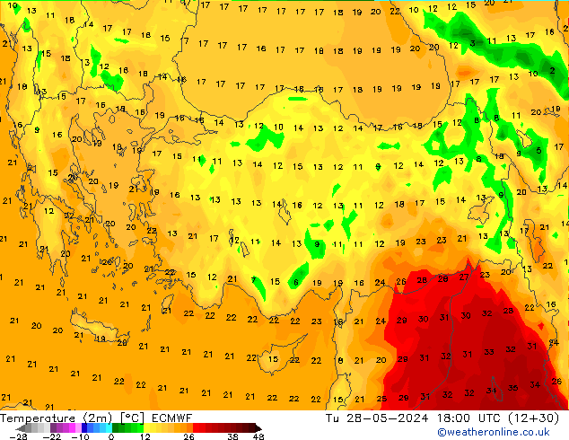 карта температуры ECMWF вт 28.05.2024 18 UTC