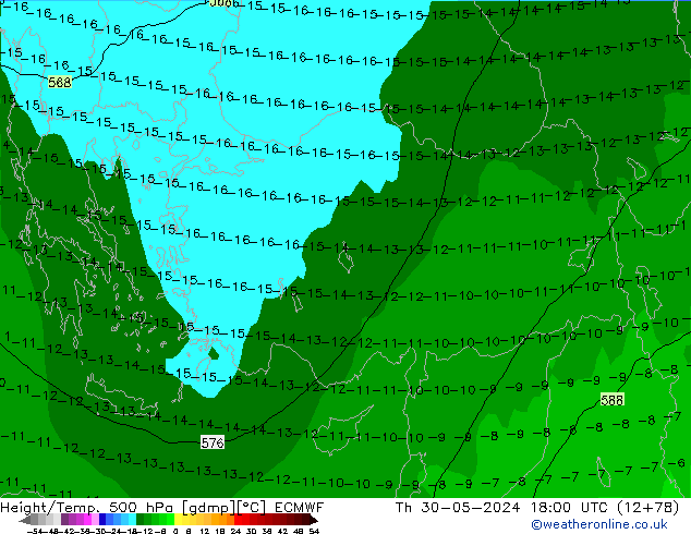 Z500/Rain (+SLP)/Z850 ECMWF gio 30.05.2024 18 UTC