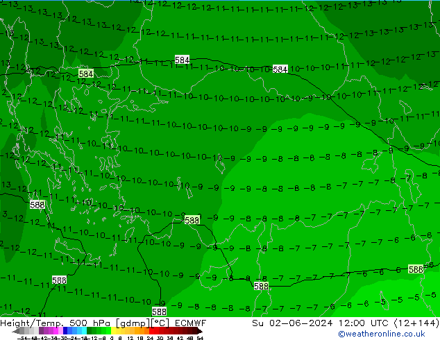 Z500/Yağmur (+YB)/Z850 ECMWF Paz 02.06.2024 12 UTC