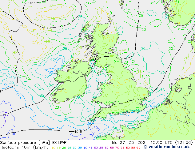 Isotachs (kph) ECMWF Po 27.05.2024 18 UTC