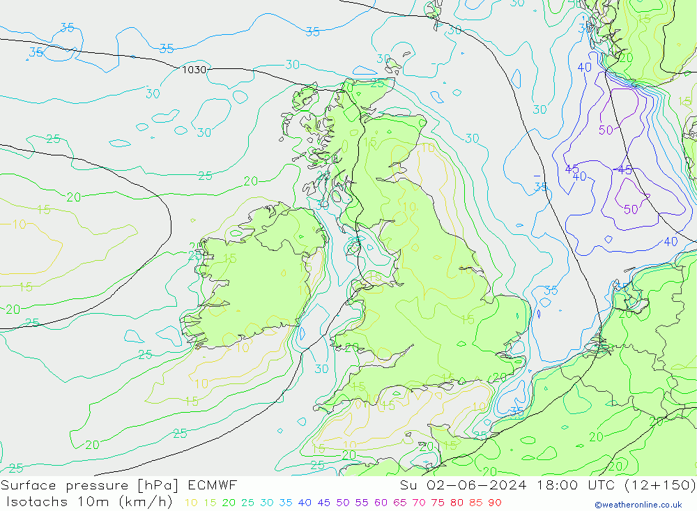 Isotachs (kph) ECMWF dim 02.06.2024 18 UTC