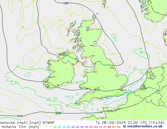 Izotacha (mph) ECMWF wto. 28.05.2024 21 UTC