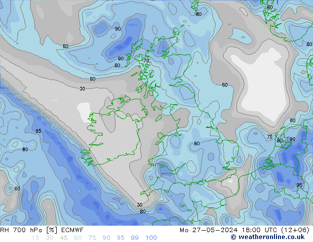 Humedad rel. 700hPa ECMWF lun 27.05.2024 18 UTC