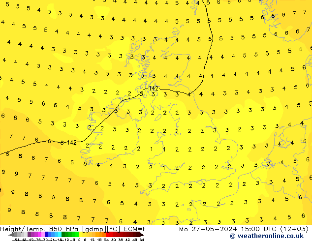 Height/Temp. 850 hPa ECMWF pon. 27.05.2024 15 UTC