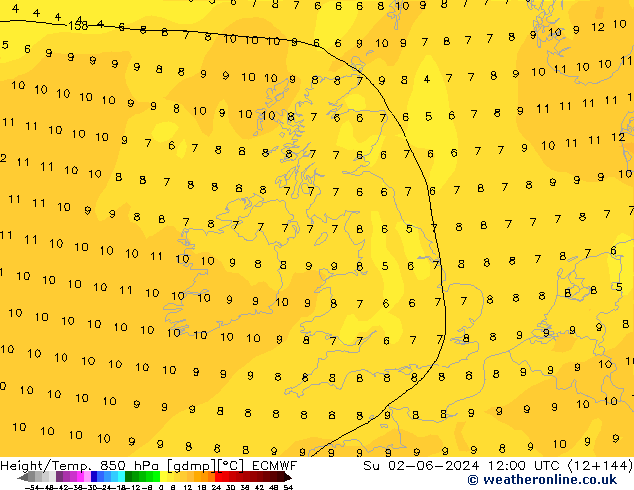 Height/Temp. 850 hPa ECMWF Su 02.06.2024 12 UTC