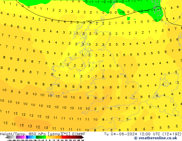 Z500/Rain (+SLP)/Z850 ECMWF Tu 04.06.2024 12 UTC