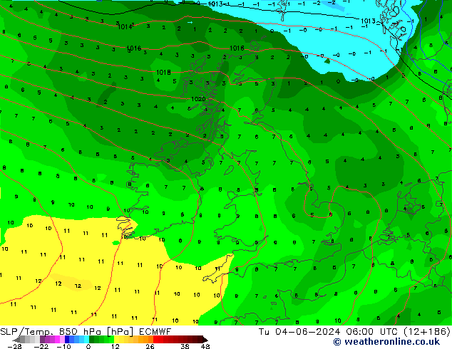 SLP/Temp. 850 hPa ECMWF Tu 04.06.2024 06 UTC