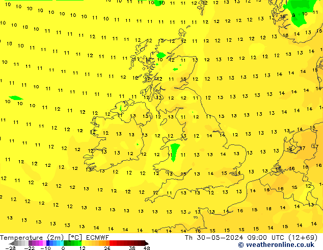 Temperaturkarte (2m) ECMWF Do 30.05.2024 09 UTC