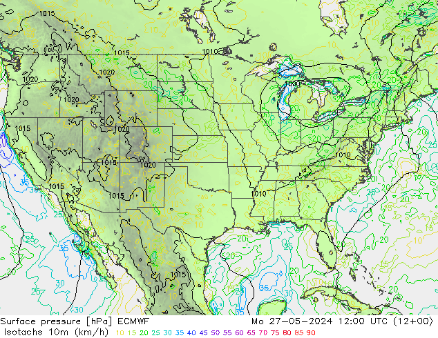 Isotachen (km/h) ECMWF ma 27.05.2024 12 UTC