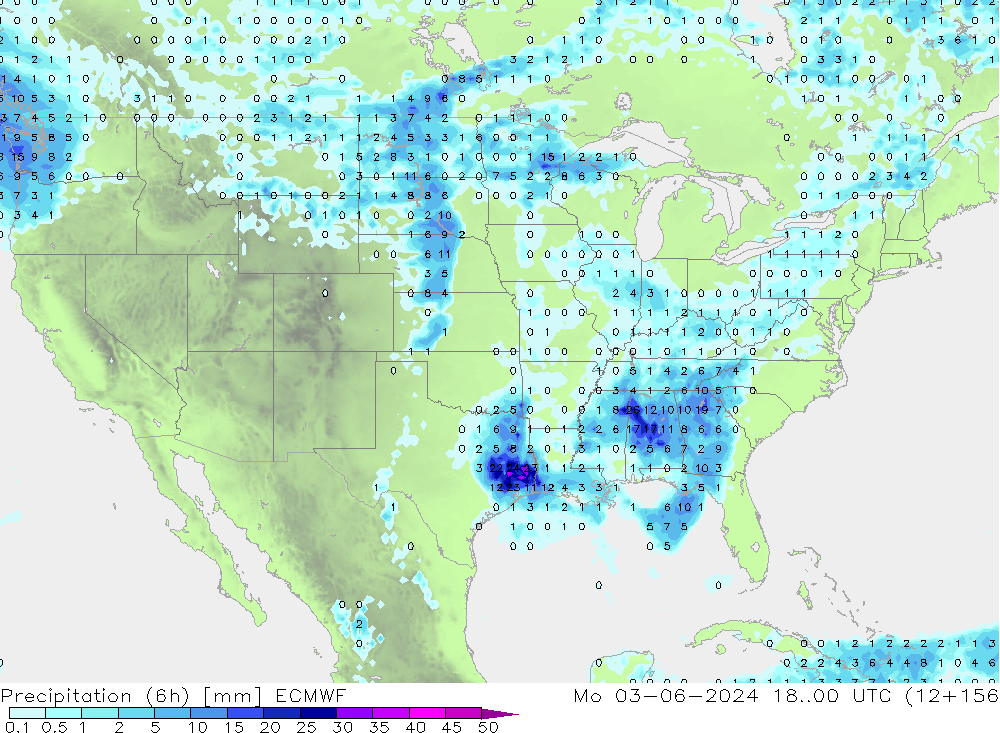 Prec 6h/Wind 10m/950 ECMWF lun 03.06.2024 00 UTC