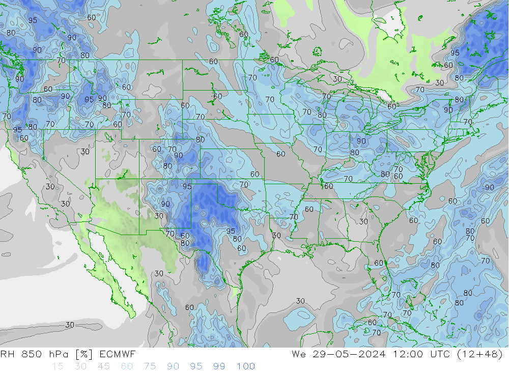 RH 850 hPa ECMWF We 29.05.2024 12 UTC